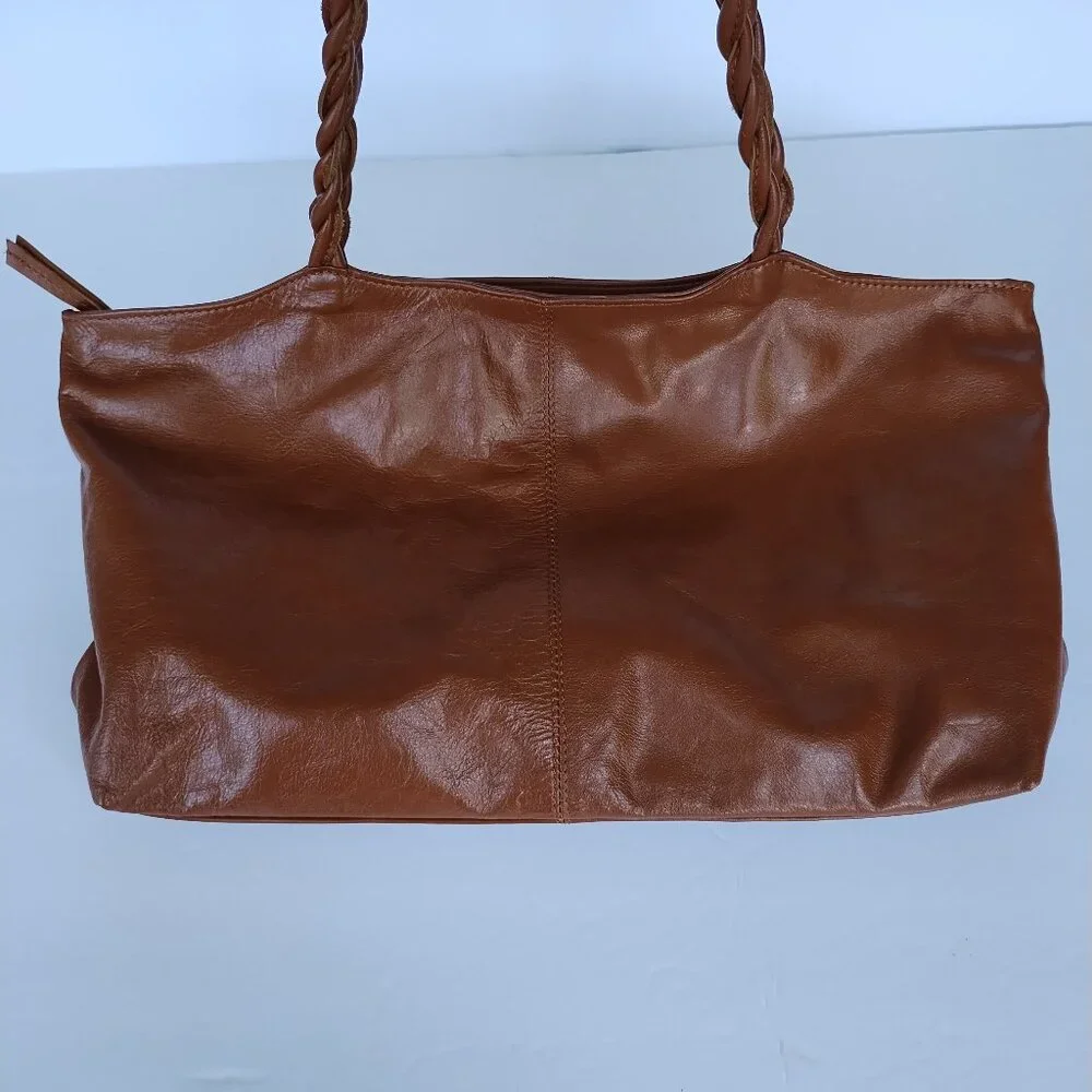 Latico Women's Brown Glossy Leather Tote Bag Purse With Braided Handles - Picture 3 of 16